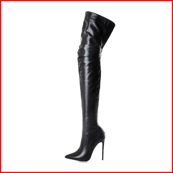 Over the Knee Boots Pointed Toe High Heel Zipper Stretch Faux Leather